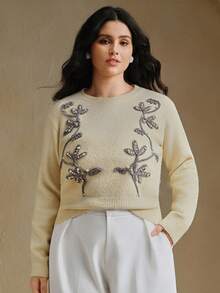 Anewsta Embroidered Knit Pullover Sweater,Sage Green,Autumn,Elegant,Wedding Guest,Chic Winter New Year Christmas Work Graduation Wedding Formal Party Sweater - Apricot - View 5