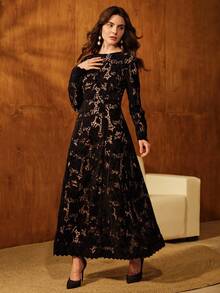 Anewsta 女士长款花卉蕾丝优雅连衣裙，时尚春秋 - 黑色 - 查看 2