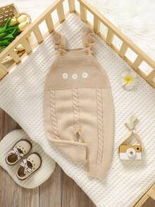 SHEIN 1 件粉色荷叶边吊带连体裤，精致刺绣连体裤，女婴针织，时尚甜美装 - 杏色 - 查看 5