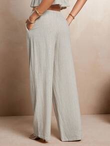 L'Amorae 女士条纹亚麻休闲裤套装