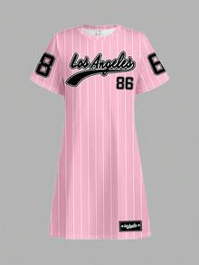 SHEIN Leap Crew 可爱学院风粉色条纹印花，少女休闲简约短袖中长连衣裙，适合夏季、返校季