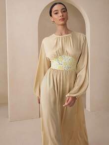 Graceveil 秋季编织拼布柔和色芦苇黄优雅教师长裙