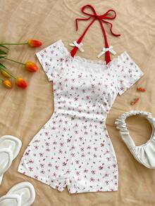 Soleia Women's Retro Red & White Ditsy Floral Lace Trim Splice Contrast Color Halter Jumpsuit With Cute Bow Decor, Ballerina Style Summer Top Summer Spring Valentine's Day Casual Vacation  Beach Wedding Birthday Going Out Elegant Casual Vacation Cute Romper Women Cotton Rompers For Women Women Summer Clothes Set Cherry Outfit Women Two Piece Set Women Short Sleeve - Multicolor - View 3