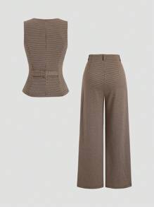 Sweetra 女士新款优雅复古休闲通勤简约高端针织两件套，背心无袖上衣和直筒阔腿裤套装 - 棕色 - 查看 2