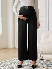 SHEIN Maternity Solid Color Waist Buckle Design Wide Leg Loose Elegant Office Pants - Black - View 6