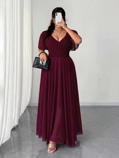 Elenzga Plus Size Women's Chiffon Ruffle Sleeve V-Neck A-Line Maxi Dress, Elegant & Romantic For Party, Wedding Guest, Spring/Autumn