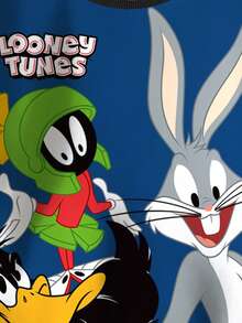 LOONEY TUNES X SHEIN 小男孩圆领长袖舒适休闲卡通可爱街头校园棒球夹克，撞色衣领和袖口英文字母图案运动衫 - 白色 - 查看 5