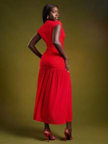 NYA SZN 红色褶饰立领超长连衣裙，带短袖，适合工作、婚礼宾客、节日派对和正式活动 - 紅色 - 查看 2