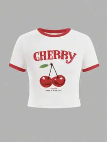 SHEIN Leap Crew 复古美国樱桃印花，青少年女孩修身休闲简约舒适圆领短袖 T 恤，适合夏季