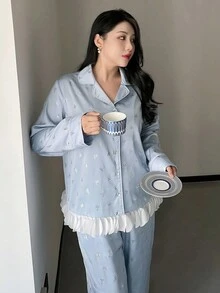Dazy Plus 2 件大码女式蝴蝶结花卉拼布休闲宽松睡衣套装，秋季，秋装 - 淺藍色 - 查看 6