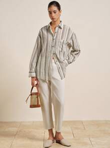 Airaco 女士休闲宽松条纹落肩长袖单排扣衬衫，秋季 - 彩色 - 查看 3