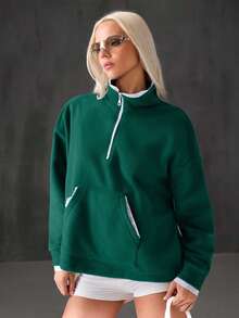 EURMUSE 女士、秋季、冬季、运动衫、蓝色、蕾丝撞色、超大、拉链、口袋 - 綠色 - 查看 3