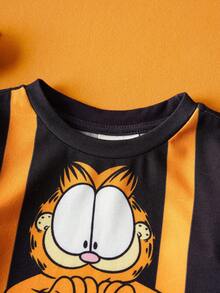 GARFIELD | SHEIN 3pcs Baby Boy Cute Halloween Pattern Round Neck Long Sleeve Bodysuit, Striped Long Pants, And Knit Hat Soft & Comfortable Set - Black - View 7