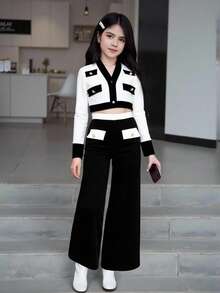 Conjunto de 2 piezas con chaqueta top de color contrastante y pantalón casual largo para niña preadolescente - Blanco y Negro - Ver 4