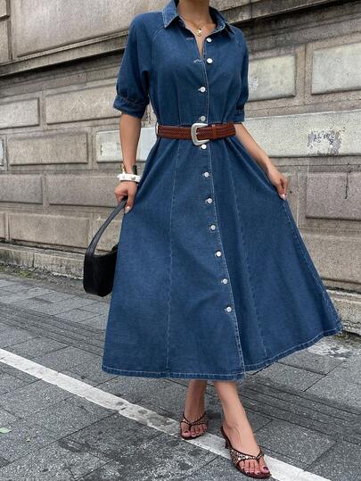 DAZY 女式夏季泡泡袖翻领收腰牛仔连衣裙