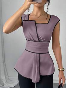 SHEIN Clasi 女士优雅通勤撞色饰边腰部衬衫，夏季 - 紫色 - 查看 7