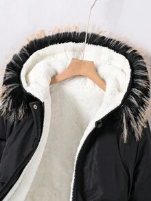 Girls' Detachable Faux Fur Collar Cinched Waist Parka Coat With Large Pockets, Suitable For Casual, Commute, School, Autumn/Winter Fall - Black - View 7