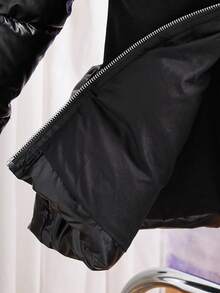 SHEIN Girls' Oversized Stand Collar Ribbed Waist Padded Coat, Suitable For Daily Commute And Gatherings, Winter - Black - View 9