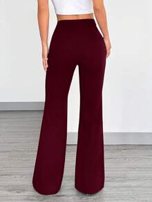 SHEIN EZwear Pantalones acampanados de cintura alta ajustados de color rojo vino - Burdeos - Ver 2