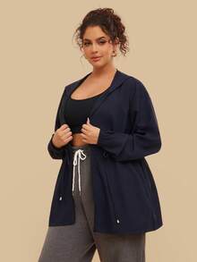 SHEIN VCAY 大码女式休闲户外露营夹克，带口袋和兜帽，运动装 - 黑色 - 查看 4