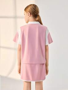 JNSQ Blusa suelta con cuello polo y bloques de color para niña preadolescente, de vuelta al colegio - Rosa - Ver 2