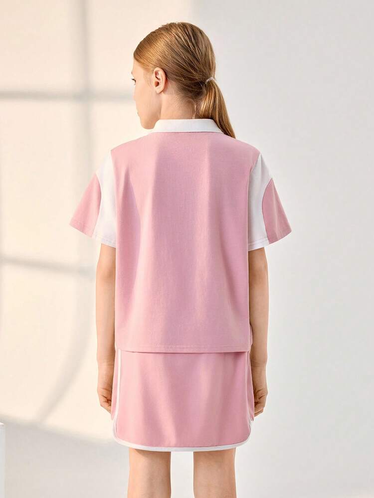 JNSQ Back To School Tween Girl Polo Collar Color Block Loose T-Shirt - Pink - View 2