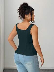 SHEIN Clasi Top casual de culoare solidă cu nasturi în față, mărime plus, topuri de vară pentru femei, topuri cu corset pentru femei, topuri de vară, topuri curbate, topuri la modă - Verde - Vizualizare 2