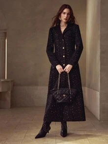 MOTF PREMIUM ĐẦM DÀI CỔ V VAI LẤP LÁO TWEED, CỔ VỎ NGỰC, CỠ ĐƠN, CỠ VÁY - màu đen - Xem 4