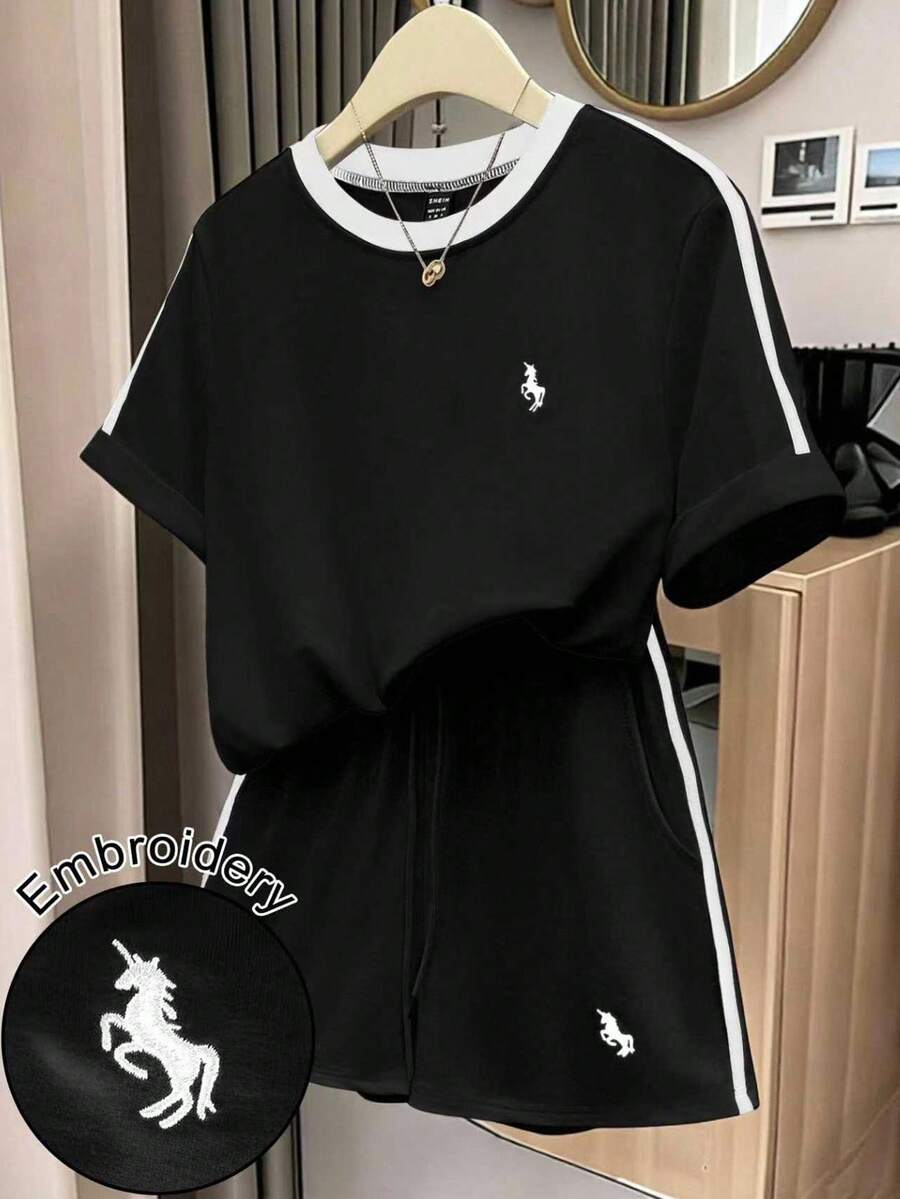 GlowEve 女士时尚休闲运动风刺绣撞色侧条纹圆领宽松T恤和高腰抽绳斜口袋宽松休闲运动短裤2件套