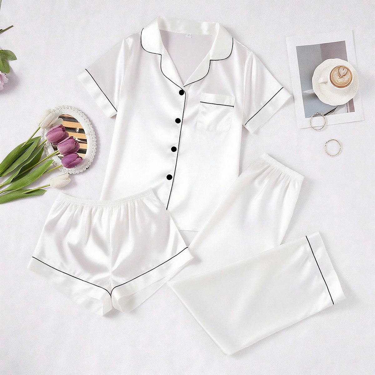 Conjunto de 3 piezas de pijama de mujer con ribete de contraste en unicolor de satén sintético, conjunto de pijama de mujer, conjunto de ropa de dor