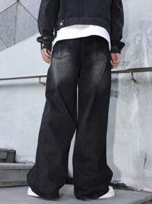 Manfinity Hypemode Men's Black Loose Fit Wide Leg Casual Jeans,Casual Street Style, All Season, Grunge - Black - View 2