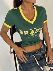 Flirla 女士休闲运动V领巴西撞色短袖T恤图案T恤女式上衣