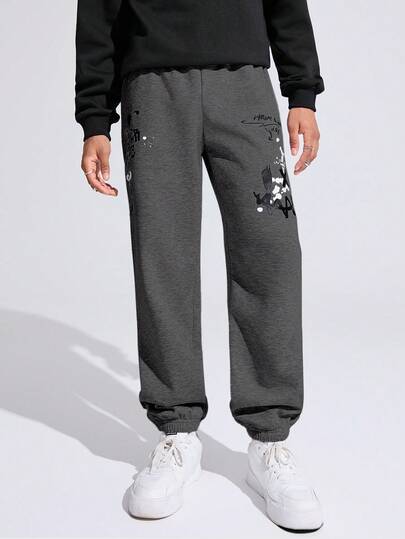 SHEIN NovaGlow Teen Boy Teen Boys' Graffiti Smile Face & English Printed Thermal Lined Sweatpants, Grey; Suitable For Autumn, Winter, Warmth, College, Home, Daily Wear And Sports; Versatile And Simple,Ensemble Hiver,Winter Clothing,Fall Outfits,Fall Clothing,All Clothes For Kids,Grey Pants,