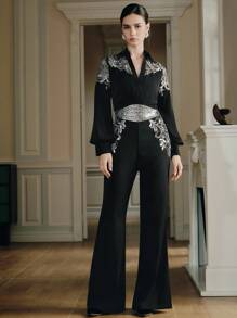 Anewsta 女式串珠性感修身衬衫和高端派对连体裤