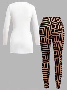 SHEIN Conjunto de camiseta de manga larga con cuello redondo y pantalones cómodos y minimalistas para adolescentes - Blanco - Ver 2