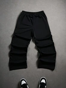 Manfinity Roghcode Celana Jogging Lurus Bermotif Manfinity Streetrush, Hitam dan Putih, Musim Panas, Pakaian Jalanan, Liburan Kota, Celana Jogging Panjang dengan Tali Serut, Hadiah Natal untuk Pacar - Hitam - View 2
