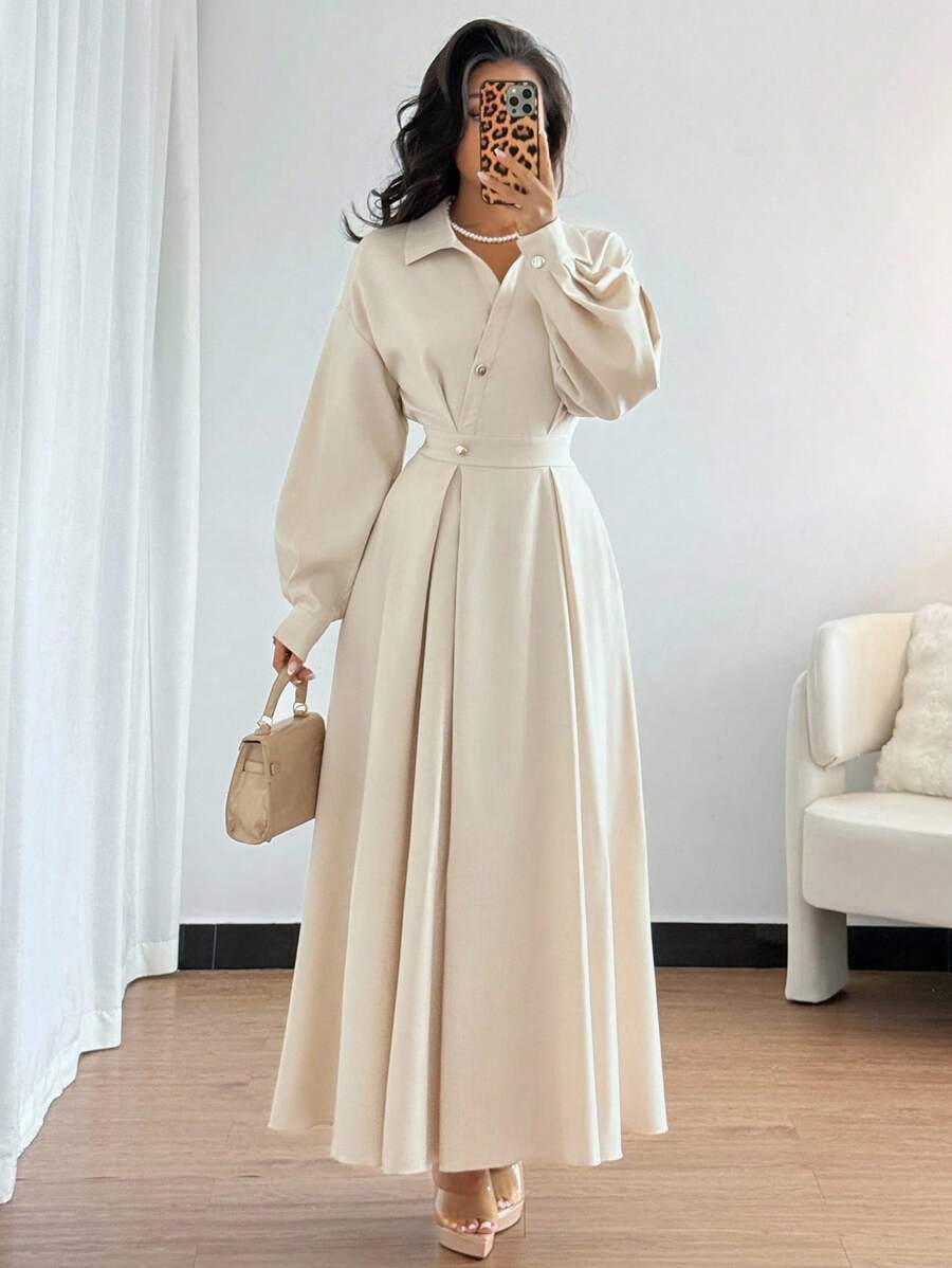 Rafferiza Women's Turndown Collar Dropped Shoulder Long Sleeve Waist Flared Dress, Suitable For Outings, Vacations, Holidays, And Travels Fall Cloth For Women Long Sleeve Elegant Dress - Apricot - View 1