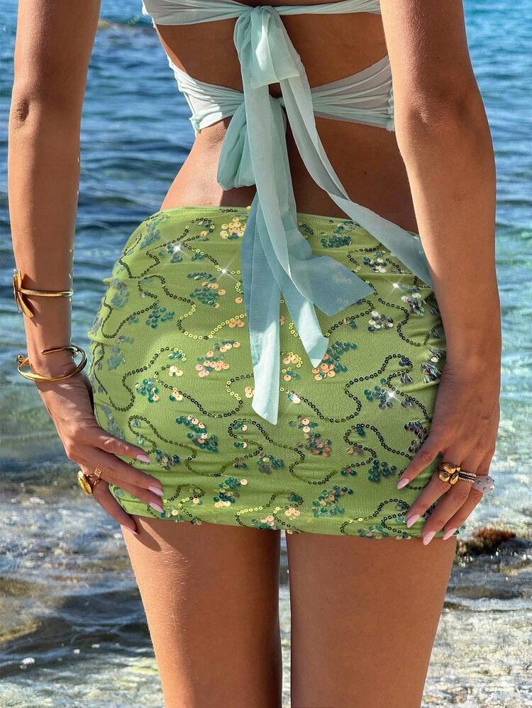 Sweetina Sexy Glitter Party Bodycon Mini Skirt, Blue - Green - View 1