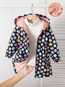 SHEIN 女童休闲百搭秋冬连帽中长款羽绒服，花卉图案保暖连帽羽绒服，秋冬羽绒服，长袖外套，连帽外套，女童冬季外套，女童冬季外套，花卉图案外套，女童保暖外套，女童连帽冬季外套，花卉图案外套，冬季外套，女童秋季 - 黑色 - 查看 5