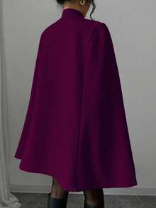 Elenzga 优雅立领撞色中式纽扣斗篷斗篷女款，厚羊毛面料，秋冬 - 紫色 - 查看 2