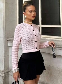 Glamine 秋冬镂空针织粉色短款开衫，优雅女士纽扣前毛衣 - 粉色 - 查看 5