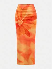 SHEIN Girlism 青少年女孩合身休闲舒适扎染花卉抹胸和紧身迷你裙套装 - 黃色 - 查看 6