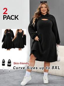SHEIN CURVE+ 大码黑色厚罗纹卫衣连衣裙，两件套，初秋/秋冬 - 黑色 - 查看 1