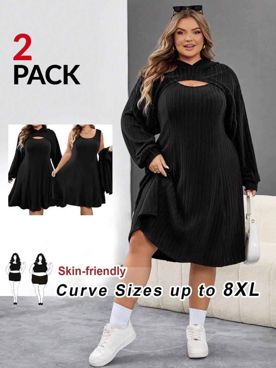 SHEIN CURVE+ 大码黑色厚罗纹卫衣连衣裙，两件套，初秋/秋冬 - 黑色 - 查看 1