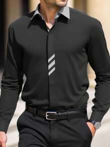 Manfinity Bizformal Men's Business Casual Contrast Color Panel Long Sleeve Shirt Black Dress Shirt Men Luxury Shirts Men Fashion Shirts Men Western Shirt Black Button Up Shirt, Old Money Style, Fall - Black - View 1