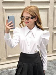 SHEIN Tween Girl Elegant Turndown Collar Gigot Sleeve Button-Up Solid Color Long Sleeve Blouse, Spring/Summer - White - View 6