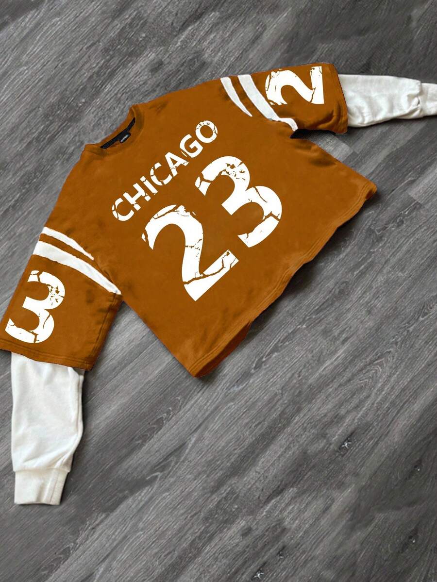 Manfinity Campus Court Sudadera casual de cuello redondo para hombre con estampado de letras y números en color contrastante, otoño