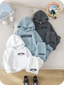 SHEIN 6件套婴儿男女童可爱休闲运动字母印花长袖连帽卫衣和慢跑裤套装，男女通用婴儿服装，婴儿冬季服装 - 彩色 - 查看 5