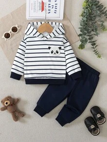 2pcs Toddler Boys Panda Striped Outfit, Hoodie Design, Black & White Striped Top With Cute Panda Applique, Navy Casual Pants, Suitable For Daily Wear, Outings, Vacations, Family Gatherings, Baby Boy Clothing, Infant Autumn/Winter Outfit, Baby Boy Set, Infant Autumn/Winter Boy Clothes, Baby Boy Panda Outfit Baby Boy Striped Hoodie Set Baby Boy Casual Set Infant Boys Outfit Baby Boy Clothes Fall - Multicolor - View 1