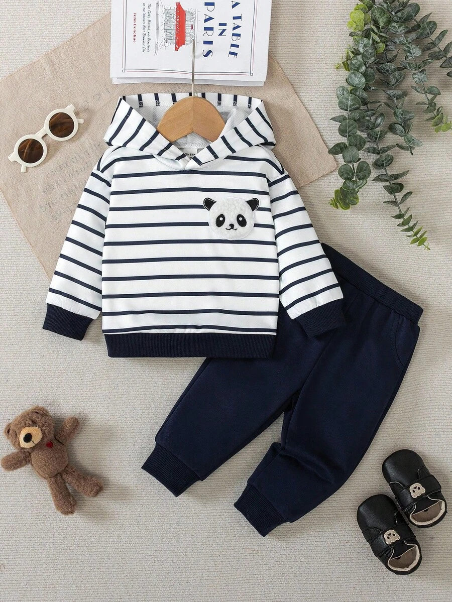 2pcs Toddler Boys Panda Striped Outfit, Hoodie Design, Black & White Striped Top With Cute Panda Applique, Navy Casual Pants, Suitable For Daily Wear, Outings, Vacations, Family Gatherings, Baby Boy Clothing, Infant Autumn/Winter Outfit, Baby Boy Set, Infant Autumn/Winter Boy Clothes, Baby Boy Panda Outfit Baby Boy Striped Hoodie Set Baby Boy Casual Set Infant Boys Outfit Baby Boy Clothes Fall - Multicolor - View 1